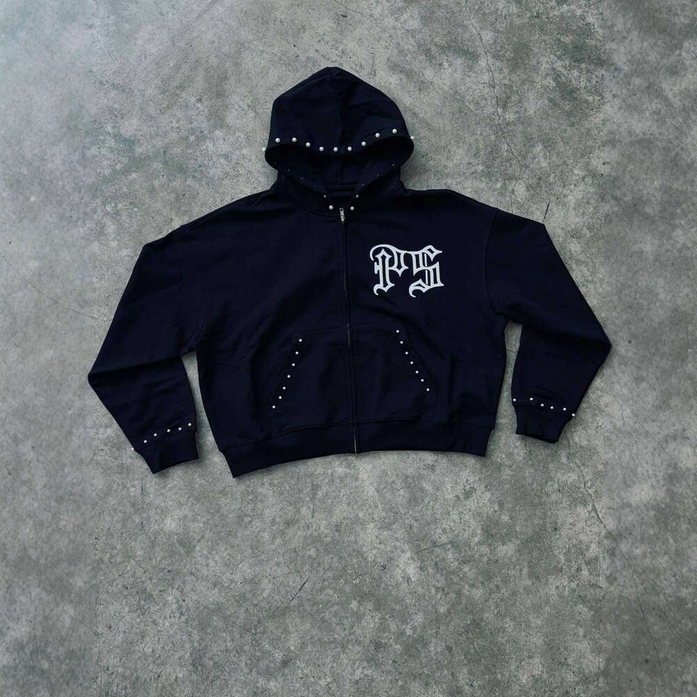 Street Trend Y2K Hooded Cardigan Letter Casual Print Sweatshirt Unisex Black