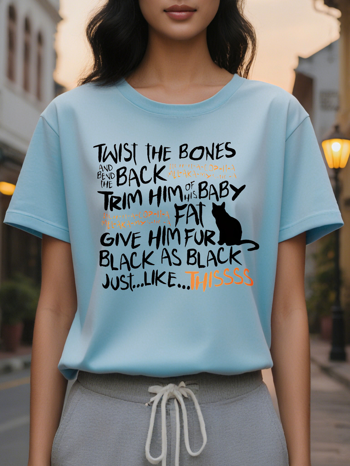 Large XL Women S Crew Neck T-Shirt with Playful Cat Print Twist Bones and Back the Funny Design Short Sleeve Cotton Perfect Plus Size