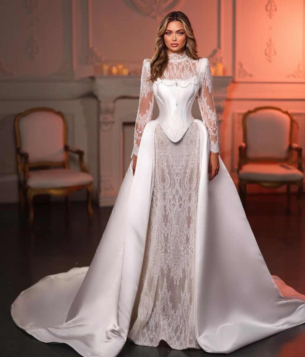 Gorgeous Lace Mermaid Wedding Dresses Detachable Train Dubai Woman Long Sleeve Bridal Dress Customized Robe De Mariee