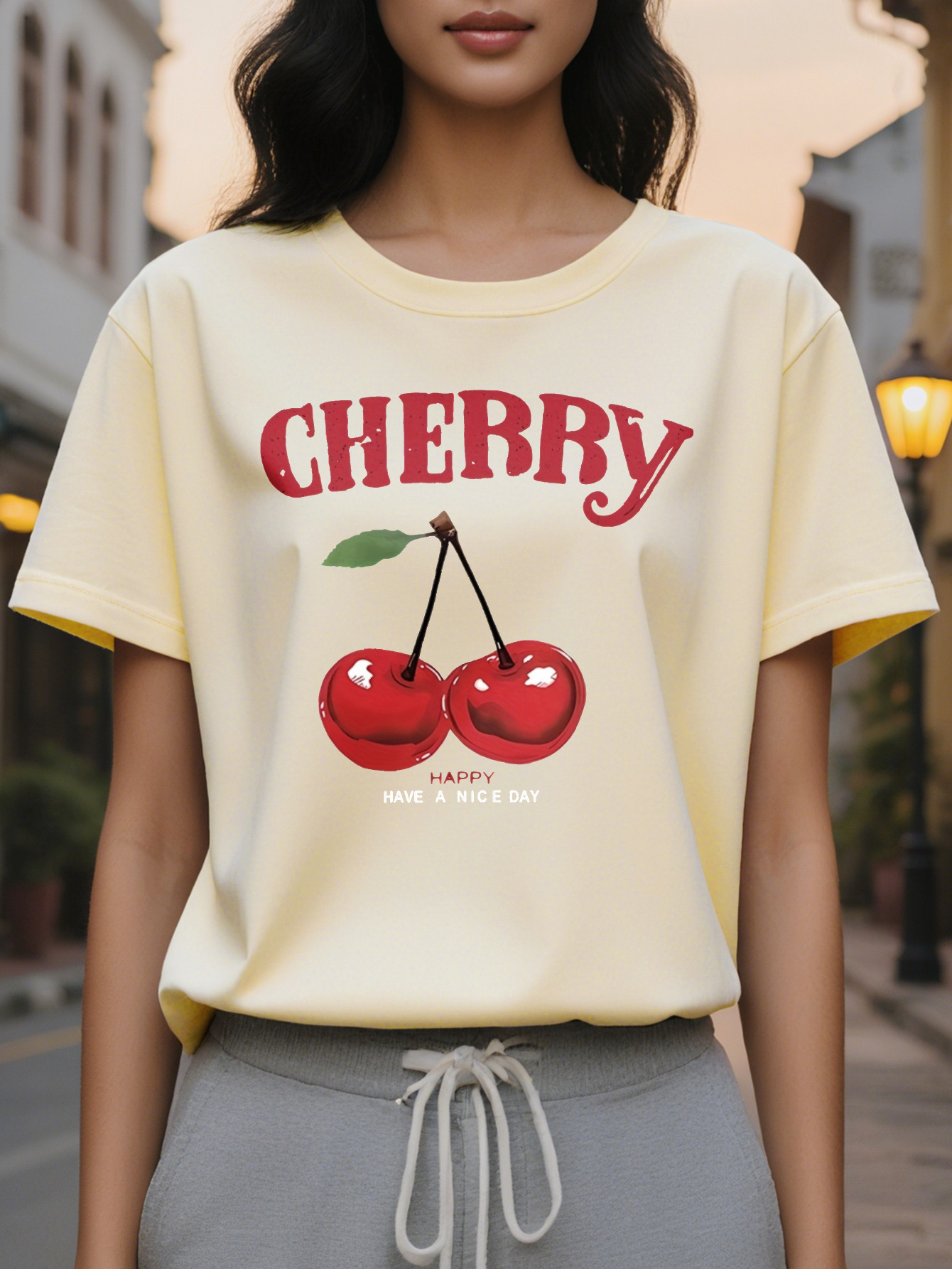 Cherry Ladies Casual Short Sleeve T-Shirt Loose Crew Neck Jacket Eye Catching Red Pattern Have A Nice Day Printing