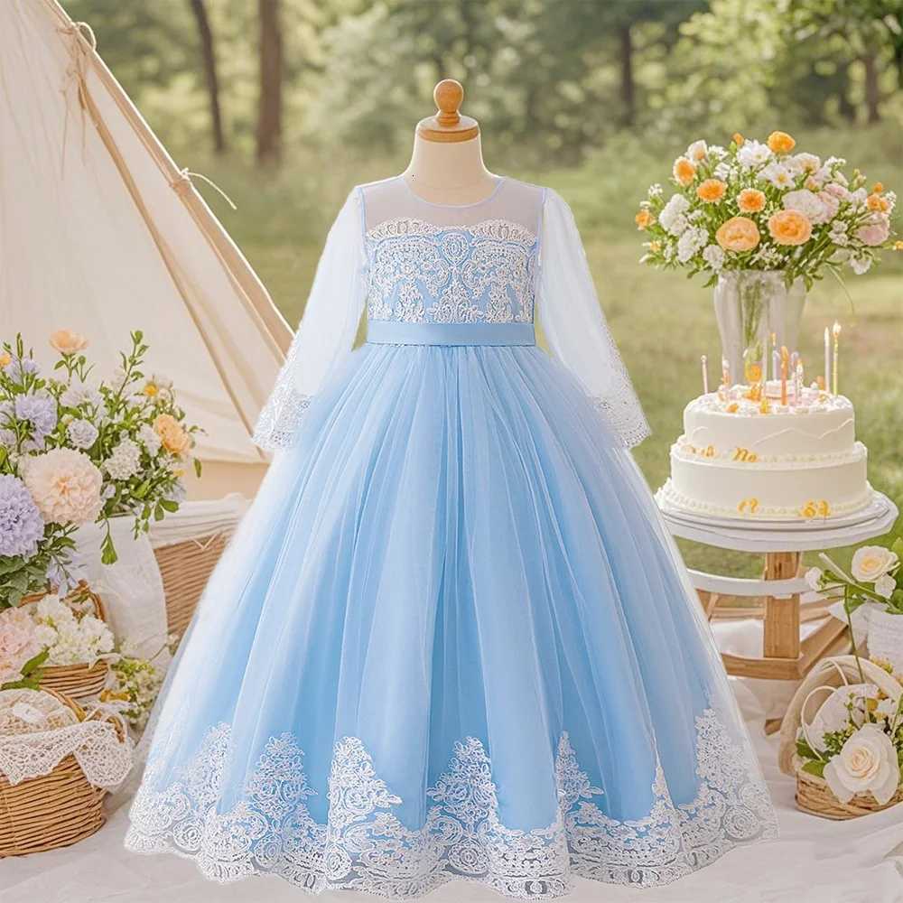 Sky Blue Princess Dress Long Sleeve Lace Embroidery Design High-End Elegant Dress Pastoral Style Girl Dress Z250904