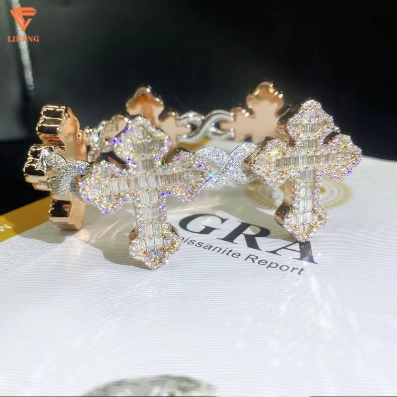 Custom Cross Baguette Cut Bracelets D VVS1 Moissanite 925 Silver Excellent Cut Hip Hop Style Men Two Tone Diamond Pearl