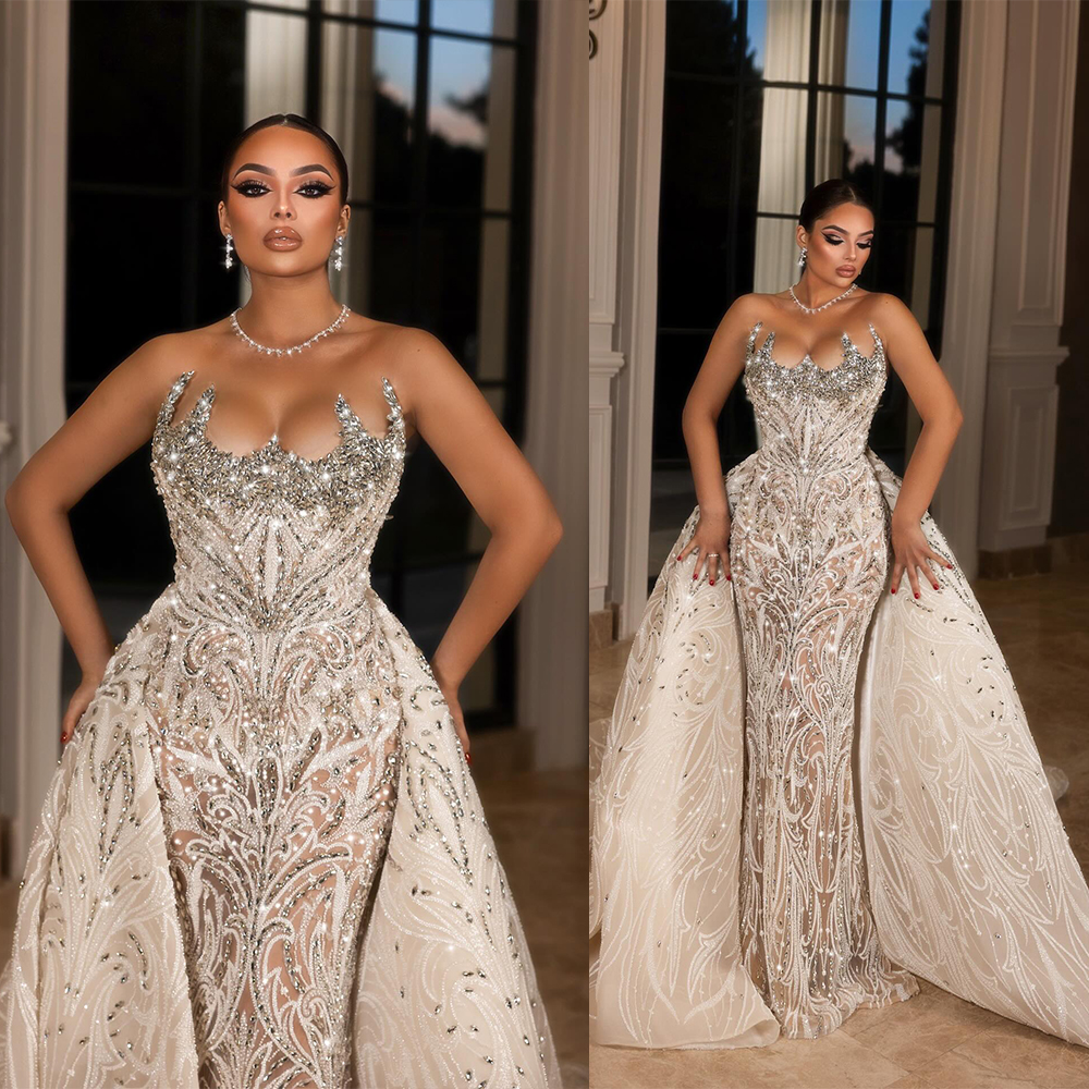 Gorgeous Mermaid Wedding Dress Sequins Crystal Bridal Gowns Strapless Sleeveless Detachable Train Dresses Custom Made vestidos de novia