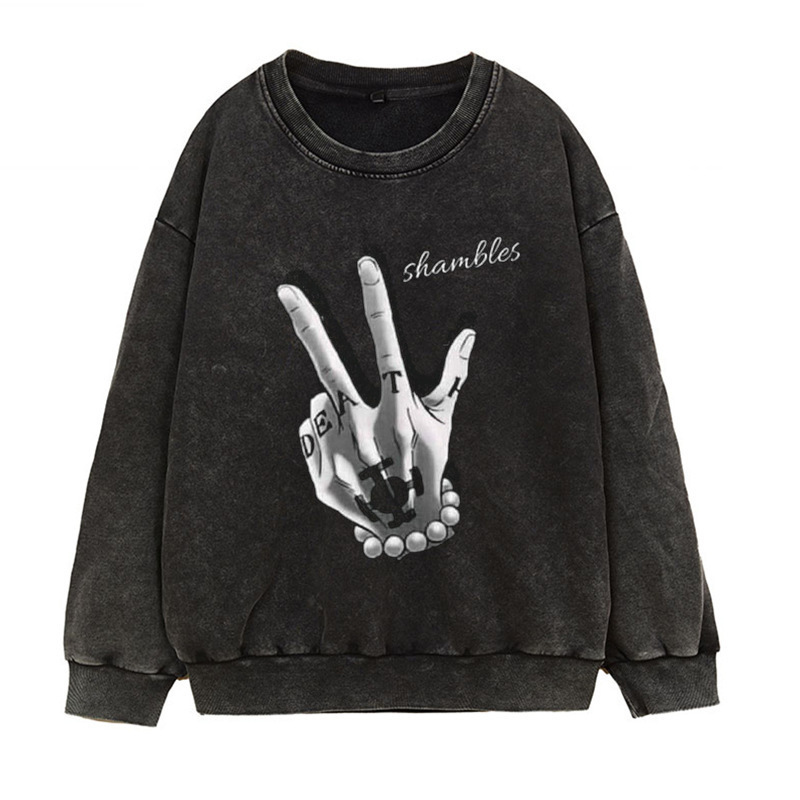 Water-Washed Vintage-Faded Hoodie Japanese Manga Trafalgar Law ROOM Anime Print Crewneck Fall/Winter Heavyweight - CJ7717