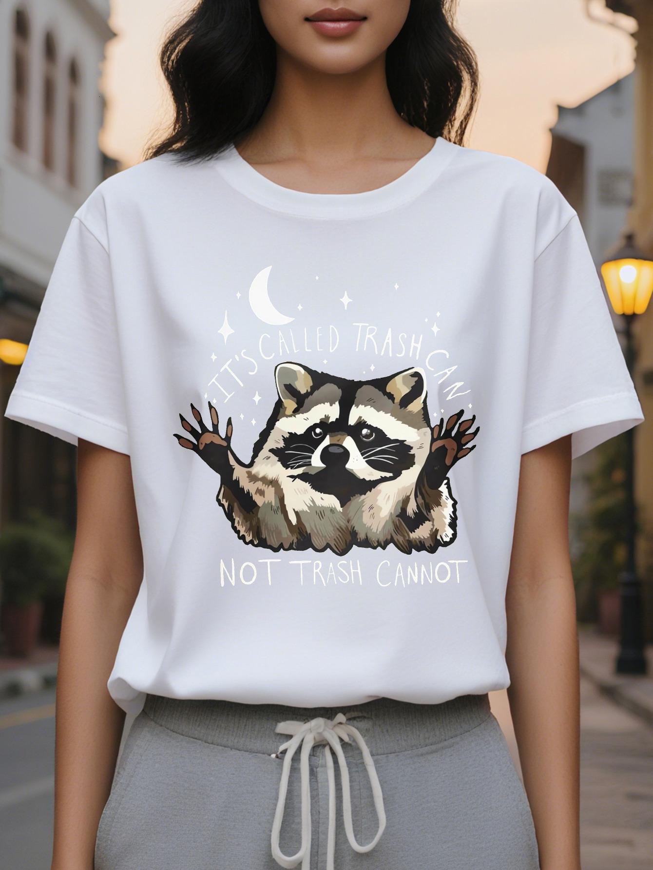 Large XL Women's Casual Fitted Round Neck T-Shirt Humorous Trash Can Graphic Print Gray Medium Stretch Washable Summer Plus Size