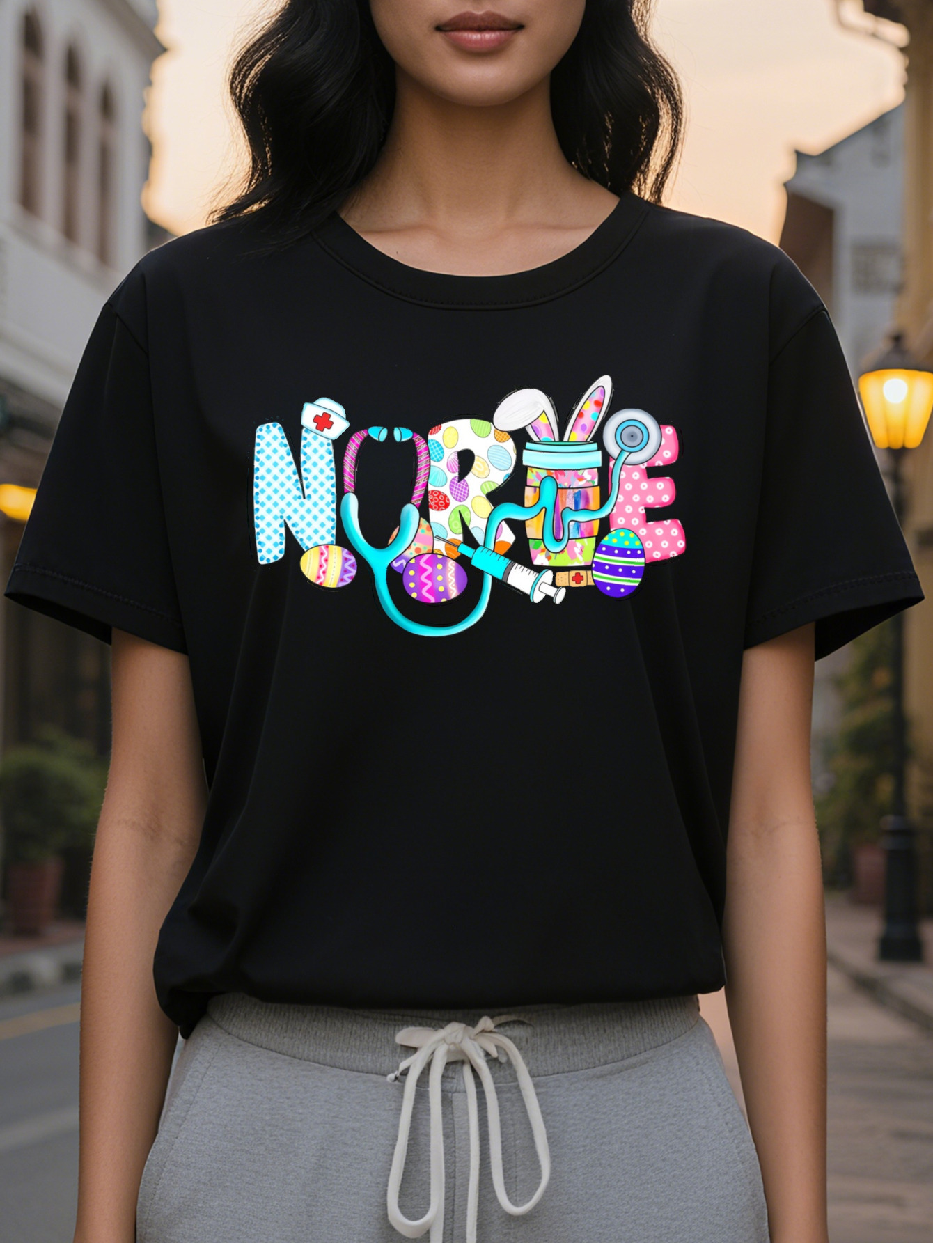 Large XL Nurse Cartoon Print T-Shirt Cotton Crew Neck Casual Tee Knit Fabric All Season Comfort Women S Nursing Themed Plus Size