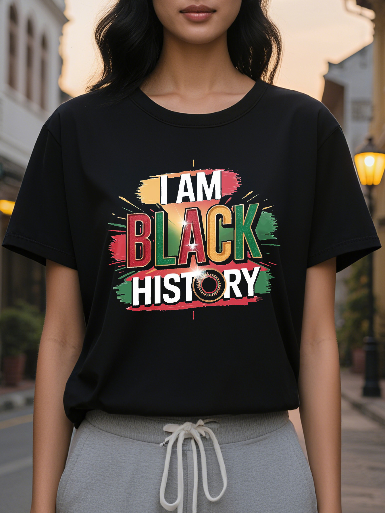 Women's T-shirt I Am Black History design short sleeve round neck casual top for spring summer bright and