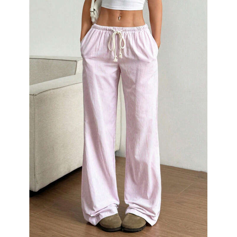2025 New Summer Striped Straight-Leg Pants Casual Versatile Tie Fashion Loose Wide-Leg Women
