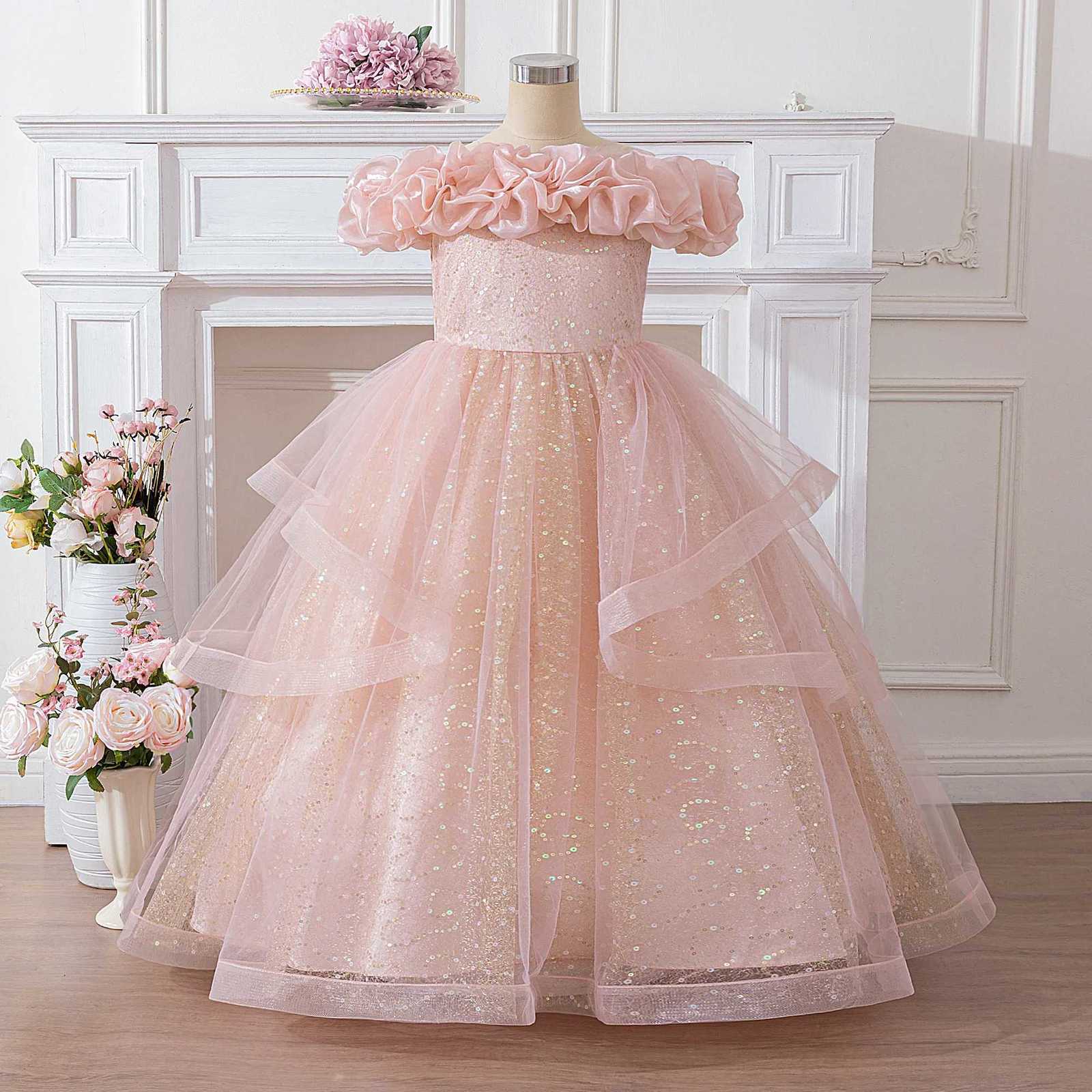 Elegant Fold Flower Party Girl Dresses Formal Tulle Bridesmaids Wedding Princess Prom Dresses Girls First Communion Evening Gown Z250904