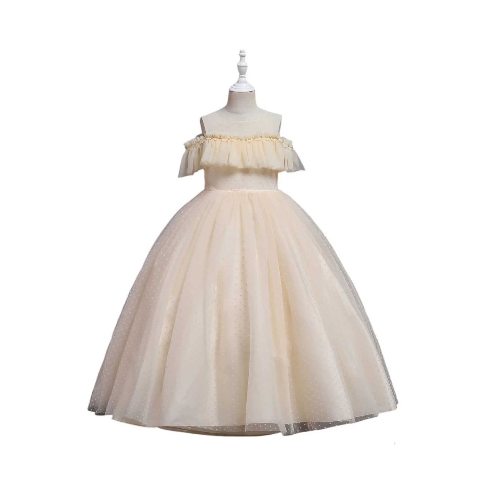 Old Girls Elegant Long Tulle Lace Princess Dresses Teenage Slash Neck Mesh Party Dress Childrens Pink Red Wedding Clothing Z250904