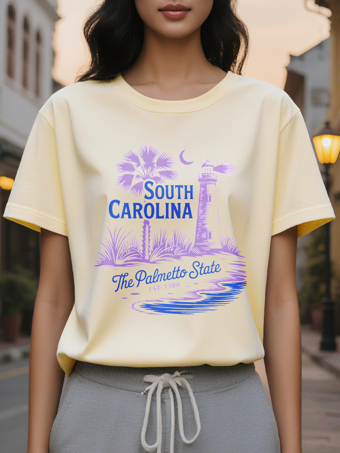Women s White Sleeve Sweater South Carolina Pattern Pullover Lighthouse Vintage Design, Washable for Autumn and Winter