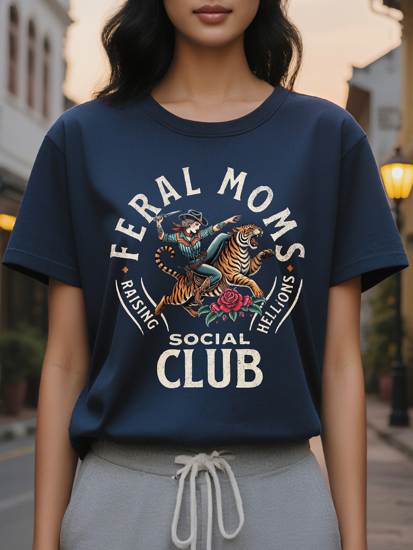 Large XL Women's Casual Short Sleeve T-Shirt FERAL MOMS SOCIAL CLUB Graphic Print Soft Rayon Spandex Cotton Relaxed Fit Plus Size