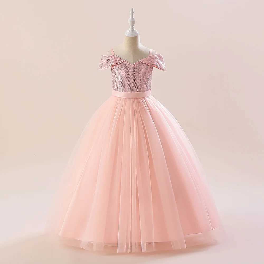 Fluffy Sequins Princess Girls Dress Bridesmaids Bow Tulle Wedding Kids Party Dresses for Girls Off Shoulder Pageant Birthday Gown Z250904
