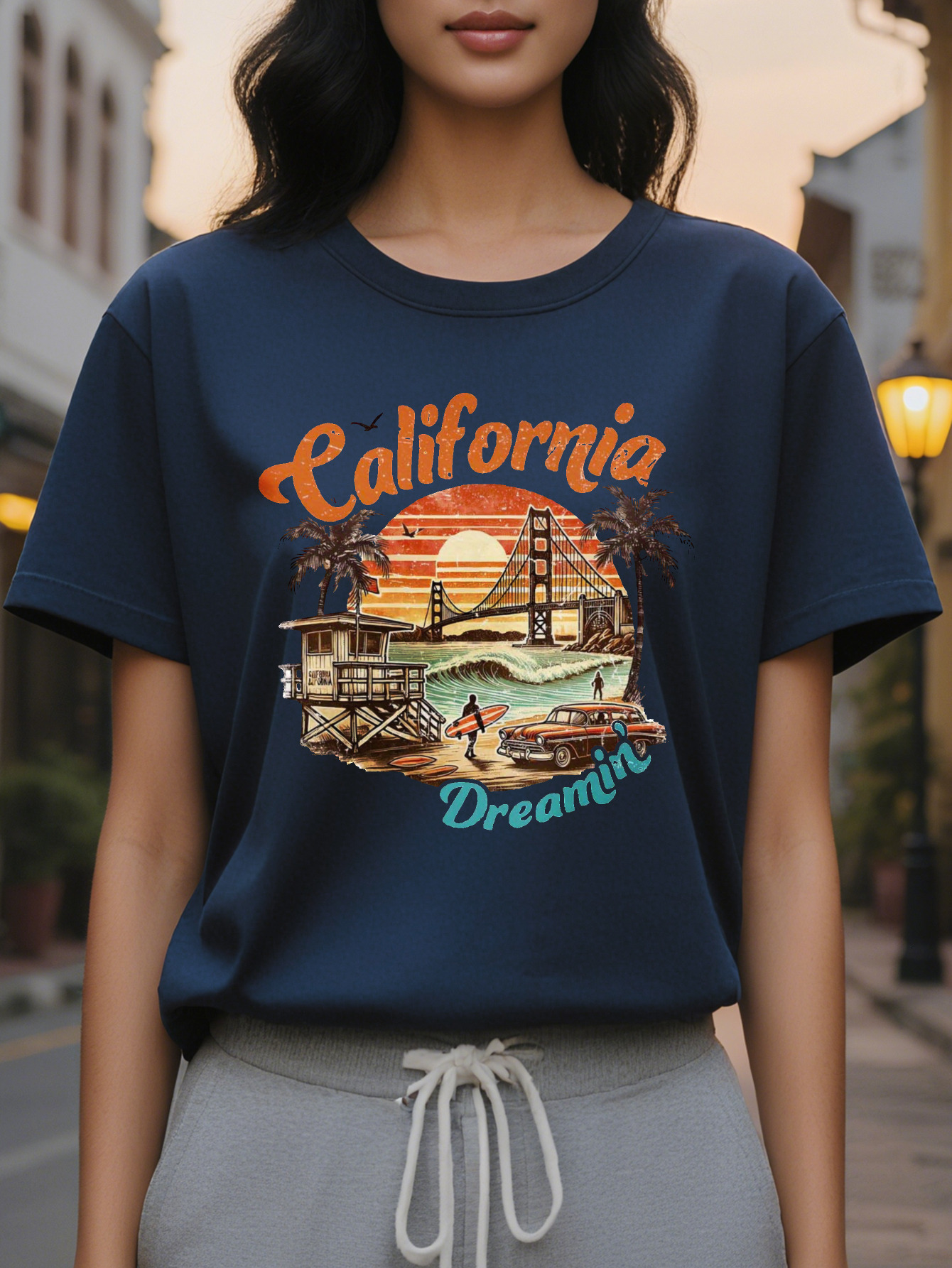 Women's California T-Shirt White Golden Gate Bridge Palm Trees and Vintage Car Design Soft Everyday Summer Top for
