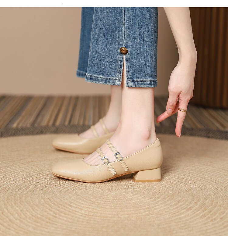 Elegant Squ Toe Designer Shoe One-Strap Mary Jane for Women 2025 Spring and Autumn New Genuine Leather Shallow Mouth Chunky Mid-Heel Single Wedding Sh