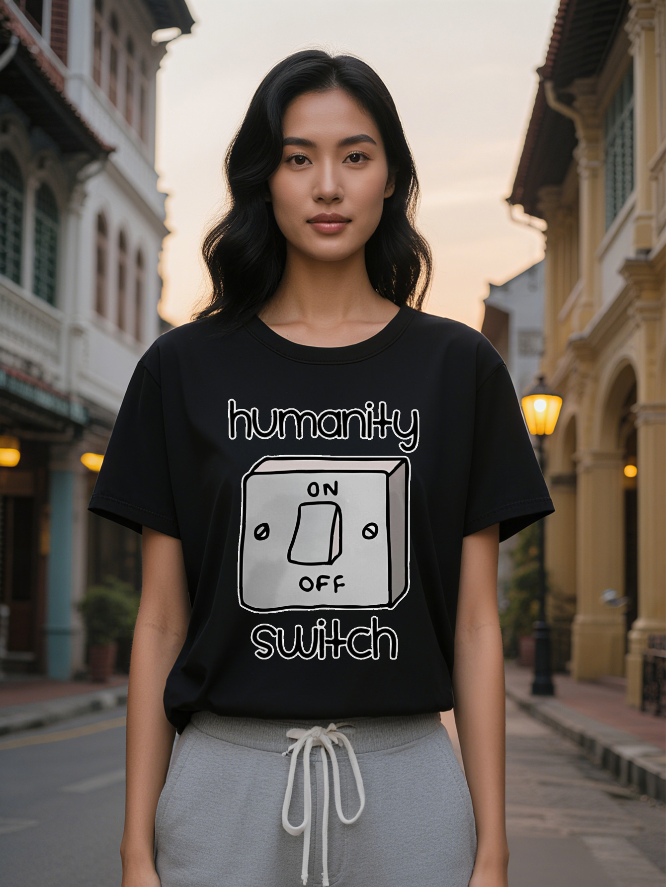 Large XL Women's Casual Crew Neck T-Shirt with HUMANITY ONOFF Light Switch Print Black Short Sleeve Summer Tee Perfect Gift for Plus Size