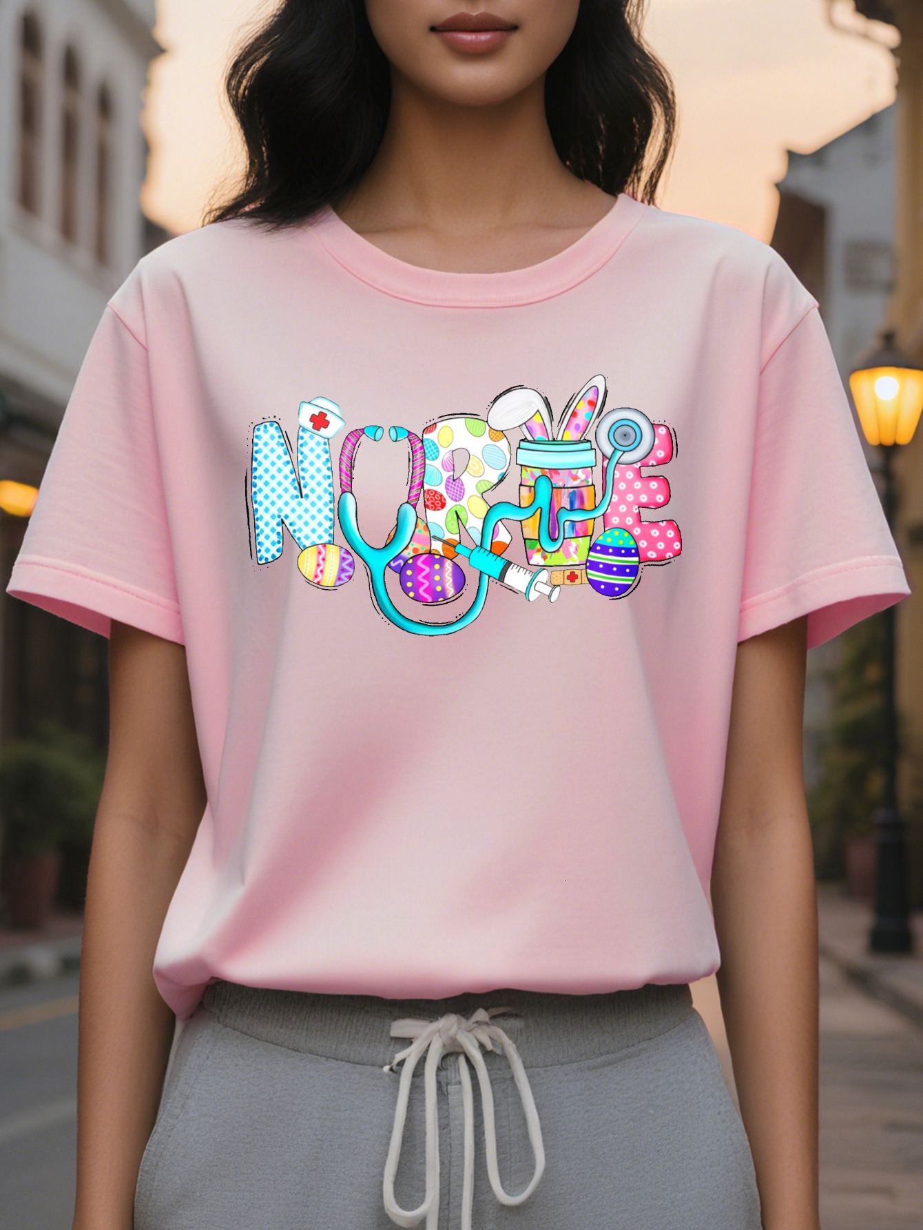 Large XL Nurse Cartoon Print T-Shirt Cotton Crew Neck Casual Tee Knit Fabric All Season Comfort Women S Nursing Themed Plus Size