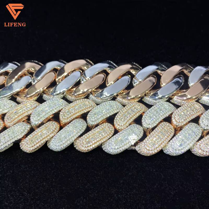 Baguette Cut Necklace Hip Hop Popular Special 26MM Big Size Two Tone Silver Mixed Rose Gold Men Moissanite Cuban Link Chain