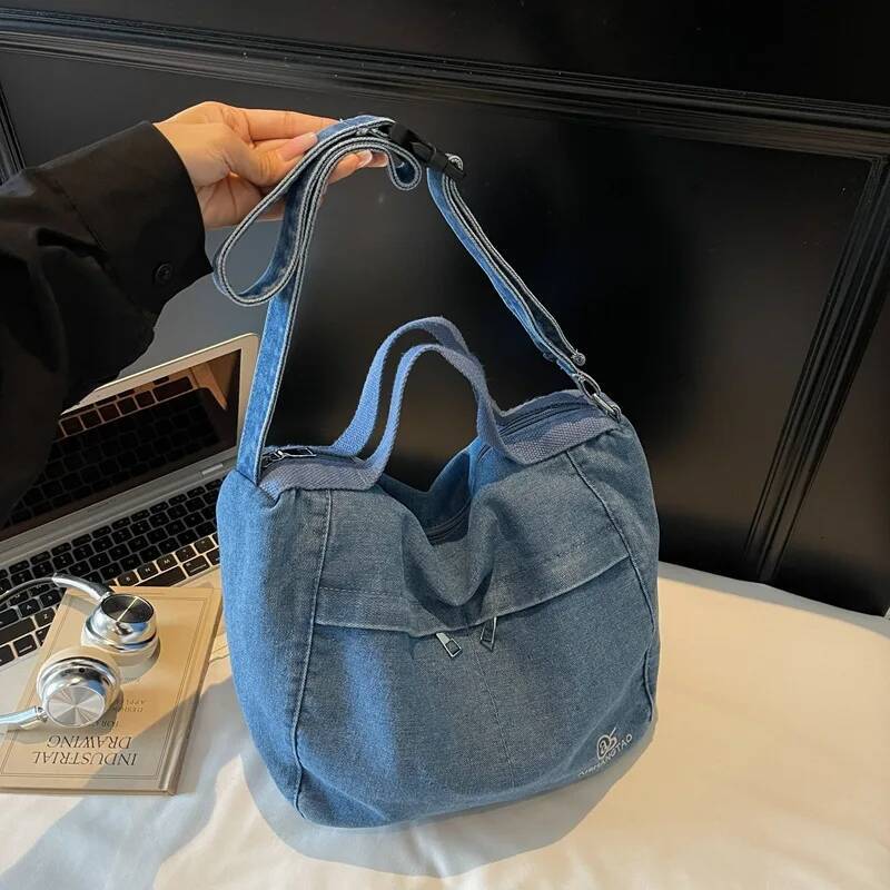 Textured Casual Crossbody Simple Embroidered Shoulder Denim Large Capacity Handle Bag