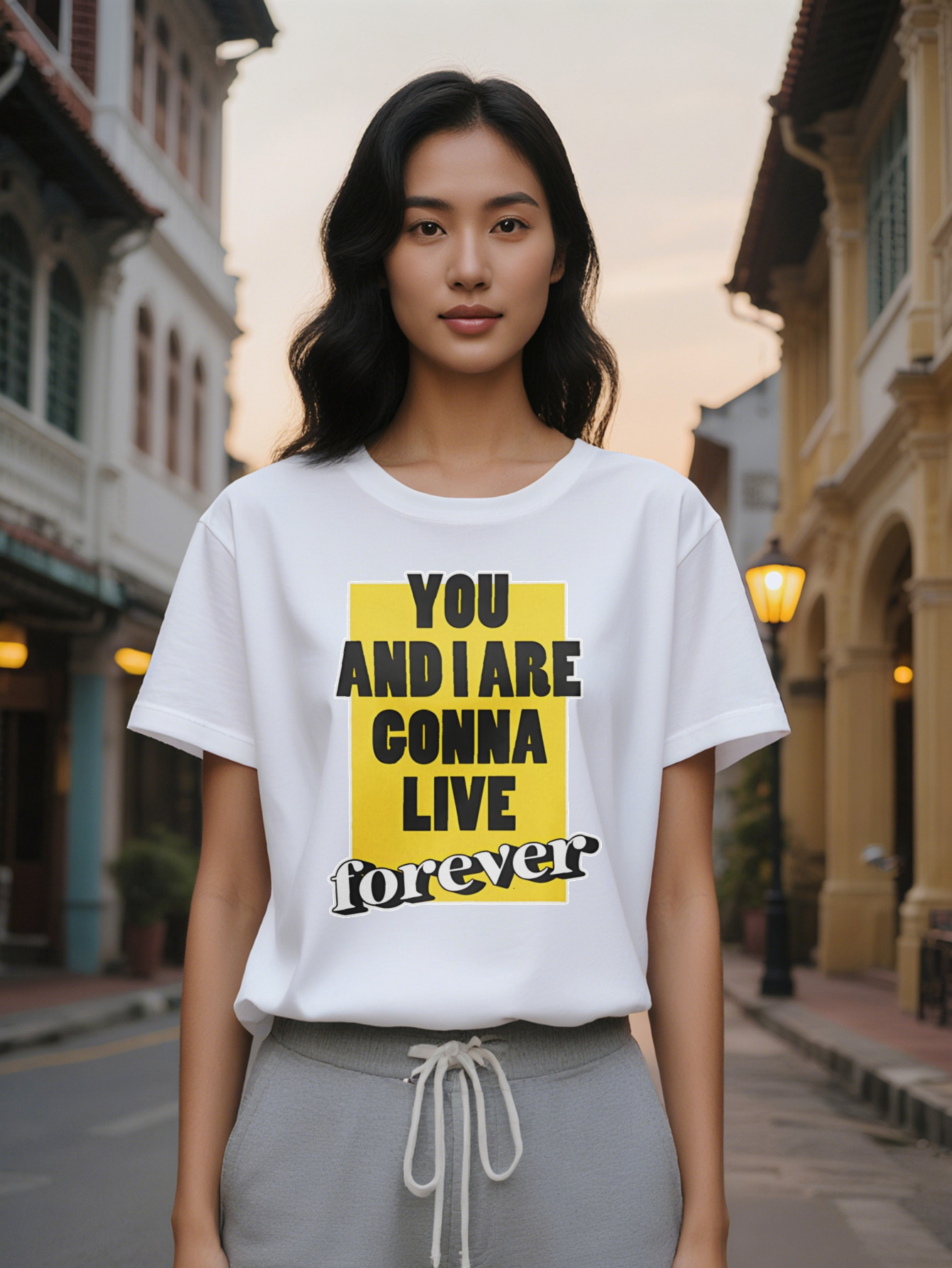 Large XL Lady Casual Crew Neck T-Shirt with You and I Are Gonna Live Forever Graphic Yellow Black Print Perfect for Summer Plus Size