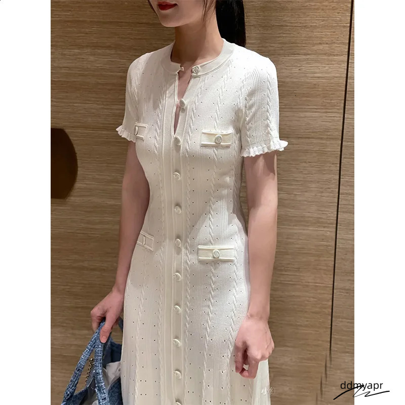 French Fashion Runway Knitt Single Breasted Mermaid Midi Dress Elegant Lady Ruffled Sleeve Hollow Out Slim Sweater Ddmyday 250305 Ddmyday Ddmyday Ddmy