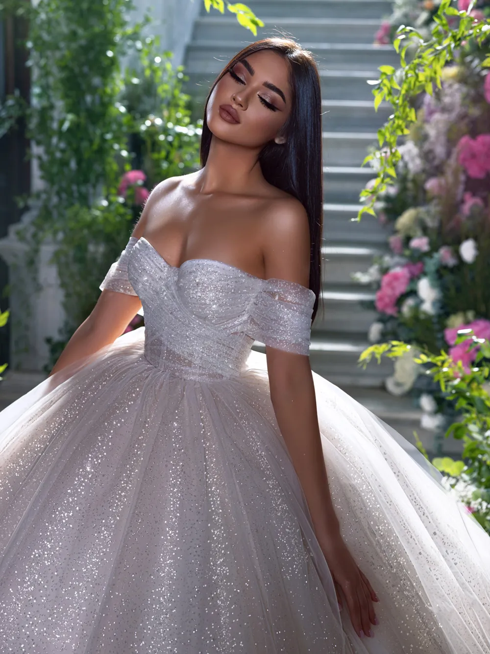 Bling Sparkly Pleats Ball Gown Wedding Dresses Delicate Glittering Off Shoulder Short Sleeves Bridal Gowns Vestidos De Novia Customed
