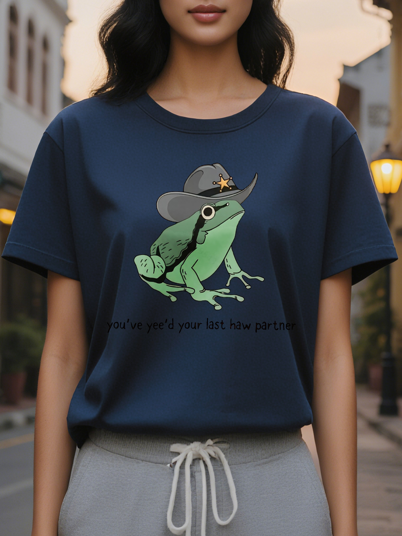 Women s Casual Graphic Crewneck Sweatshirt You ve Yee d Your Last Haw Frog Sheriff Print Light Beige Soft