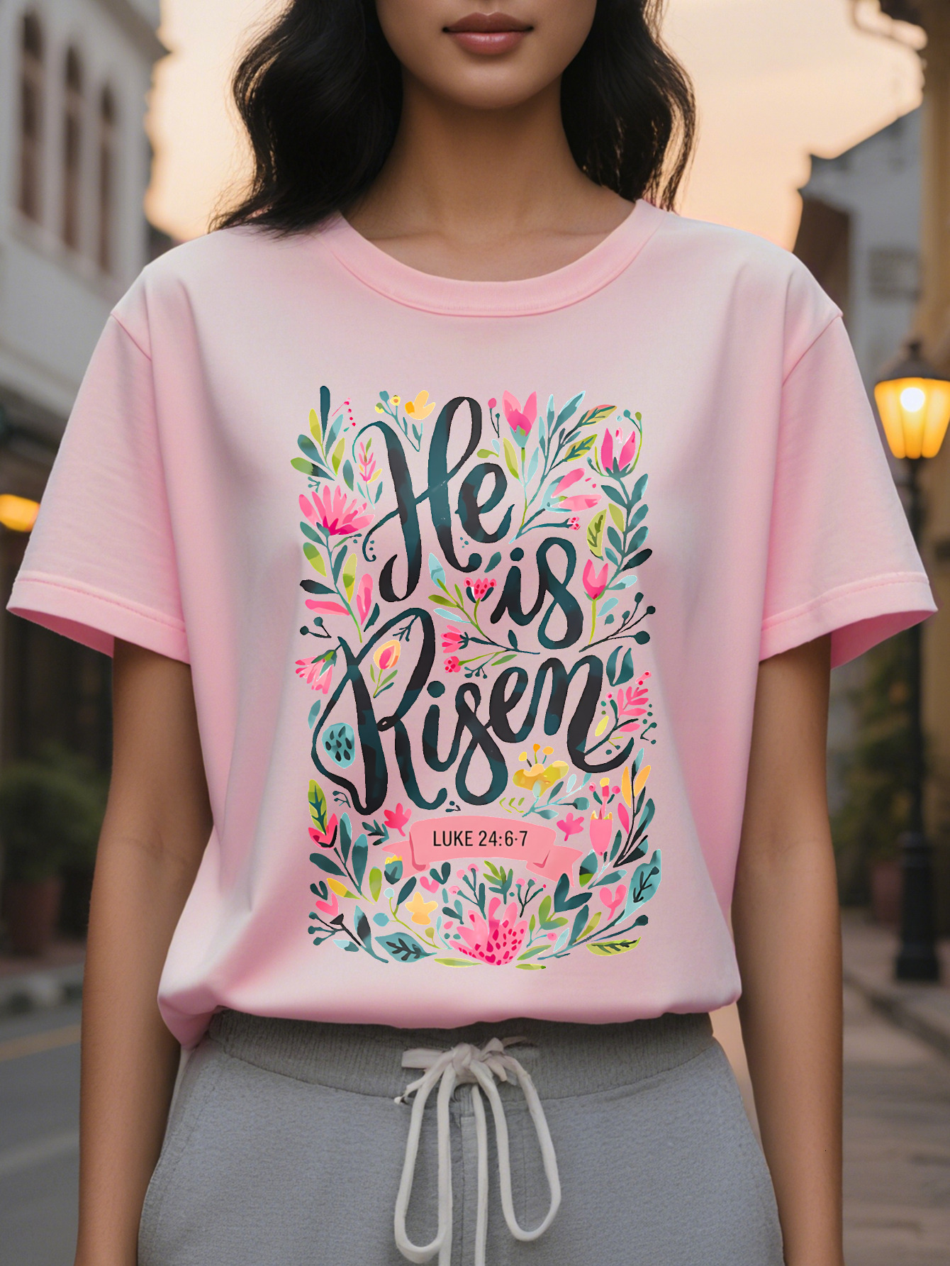 He Is Risen Easter Jesus Faith Bible Verse Luke Floral Print T-Shirt Pastel Pink Short Sleeve Crew Neck Top