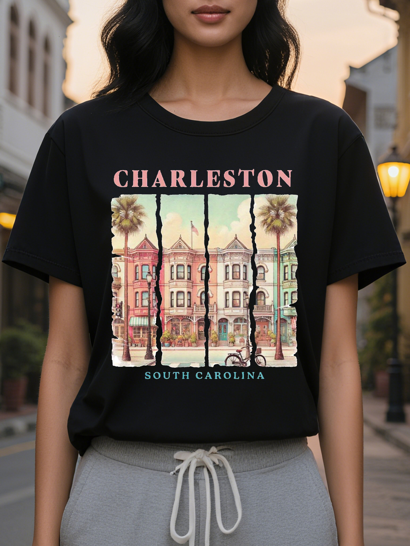 Women's Charleston T-shirt Soft Pink Green Historical Building Pattern Short Sleeve Jacket Southern Charm Casual Round