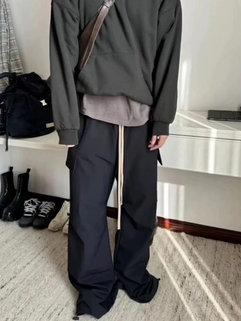 MIJKO High Street Black Pants Straight Leg Casual Trousers with Drawstring Comfortable Streetwear Z260315