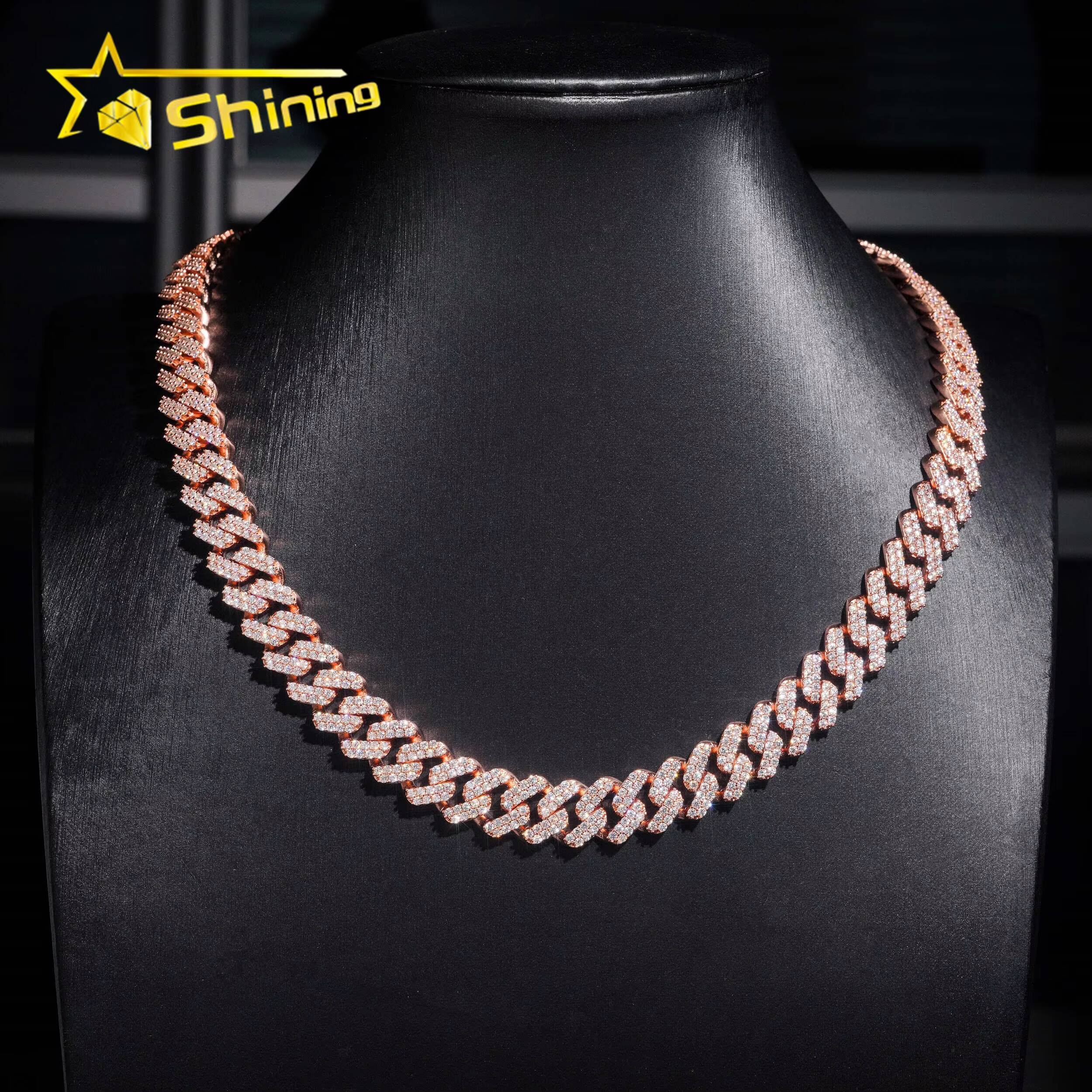 Hip Hop Jewelry Iced Out 925 Silver Rose Gold 125mm Two Rows Rounded Link VVS Moissanite Cuban Link Chain