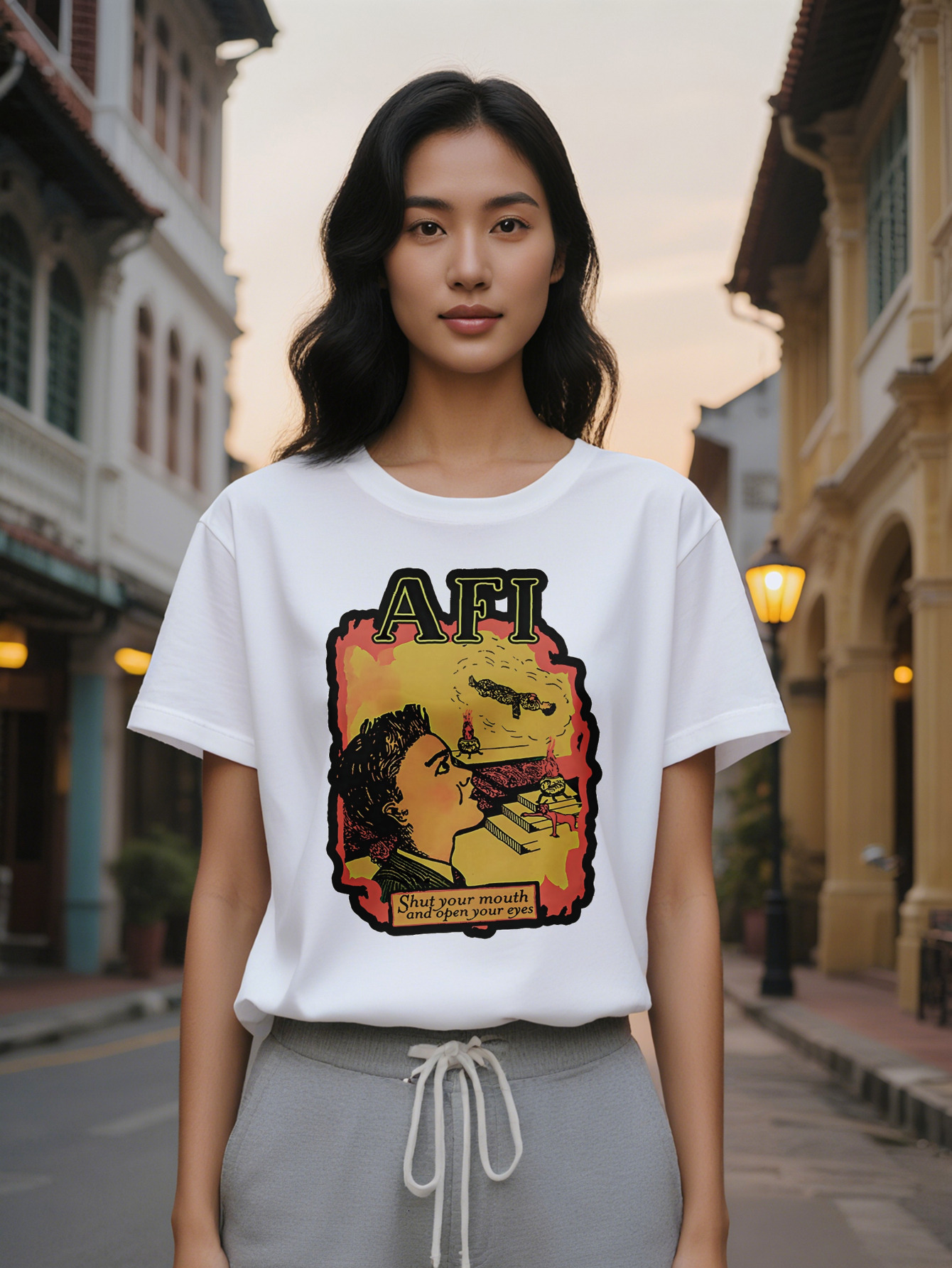 Large XL Casual Graphic T-Shirt AFI Side Profile Male Face Bold Typography Print Black with Yellow Red Design Regular Fit Plus Size