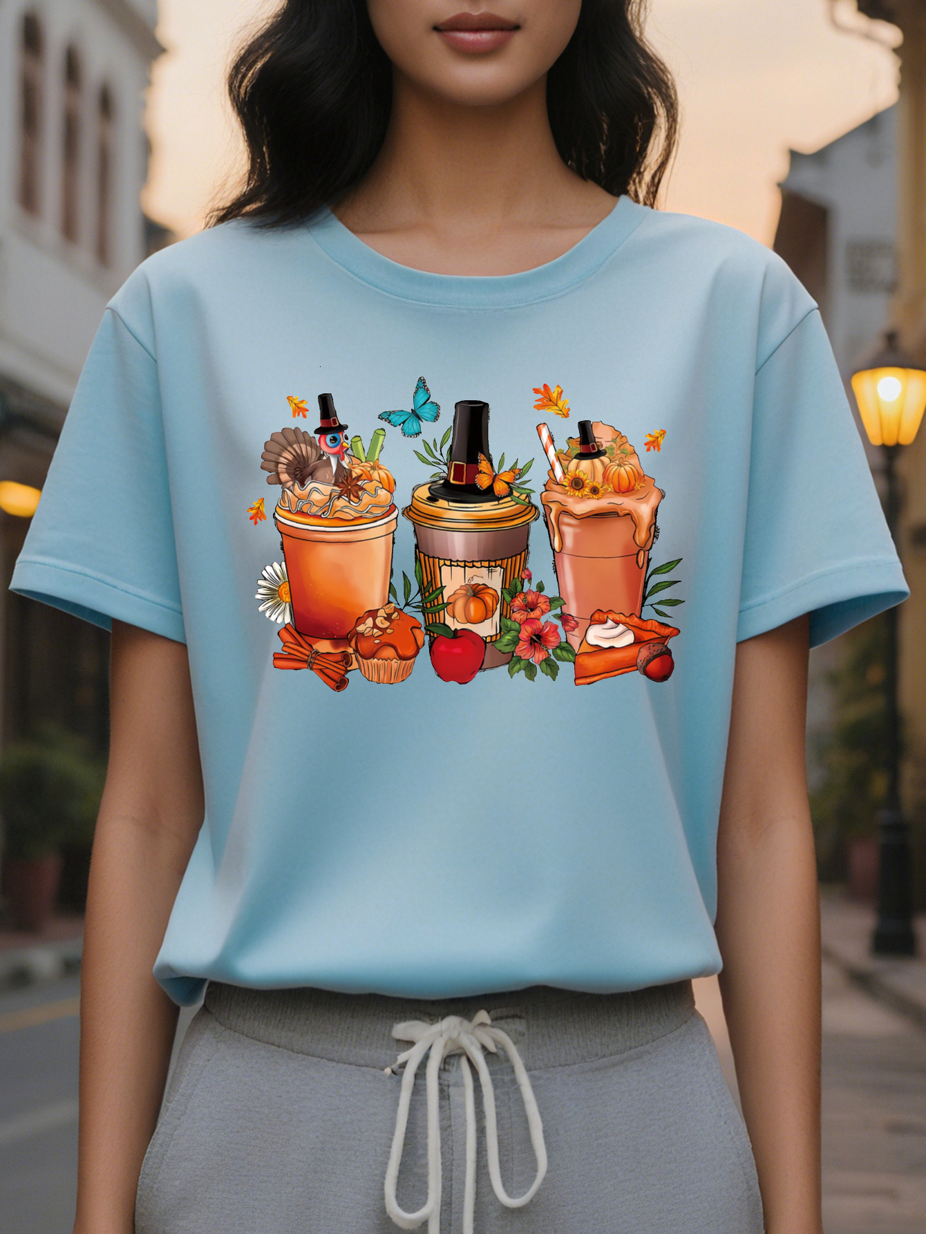 Large XL Women's White Thanksgiving Coffee Print T-Shirt Autumn Harvest Graphic with Pumpkins Leaves Turkey Design Plus Size