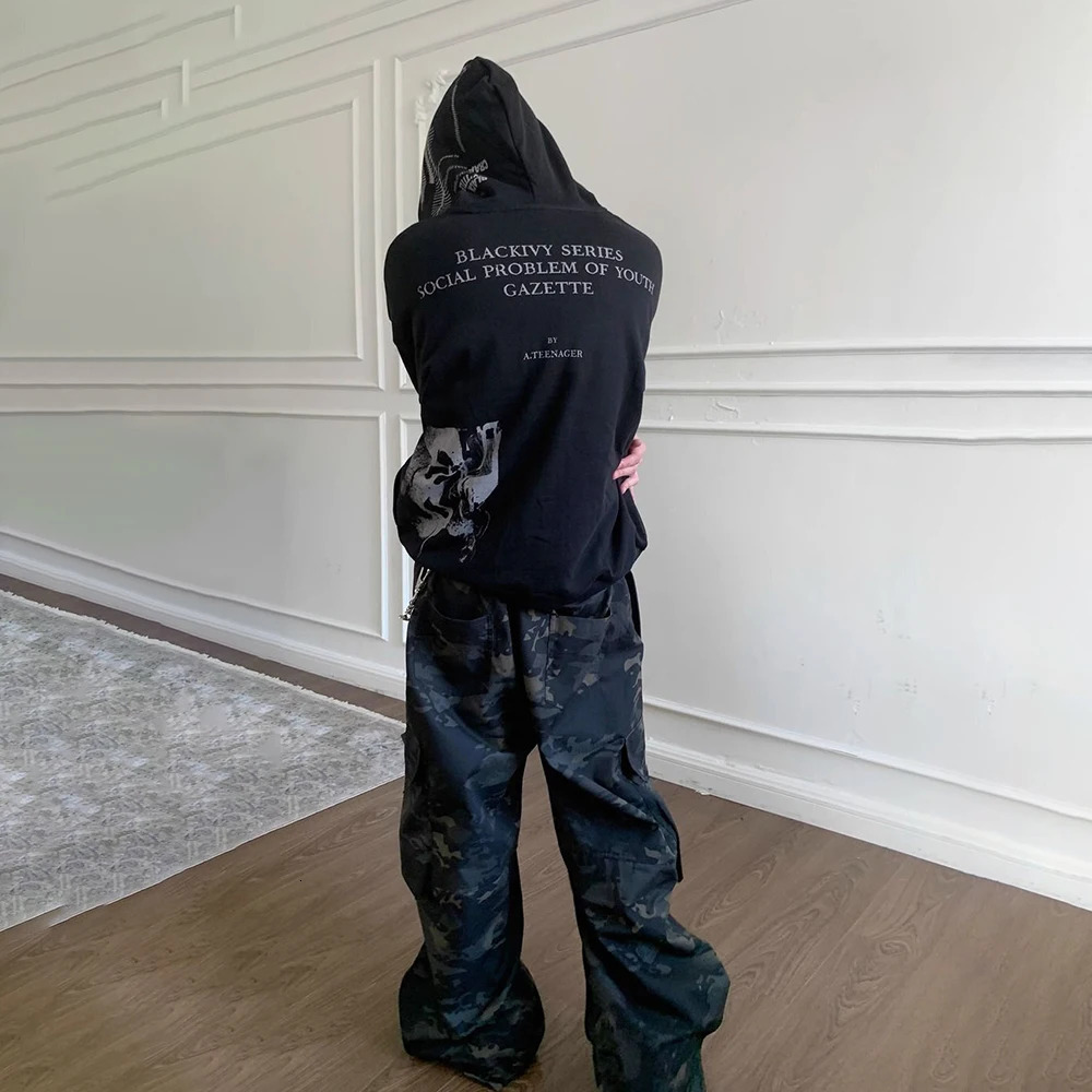 Y2K Gothic Clothing High Street Cotton Punk Zipper Hoodie Autumn And Winter Plus Velvet Oversized Hip Hop Mens Sweatshirt 250904