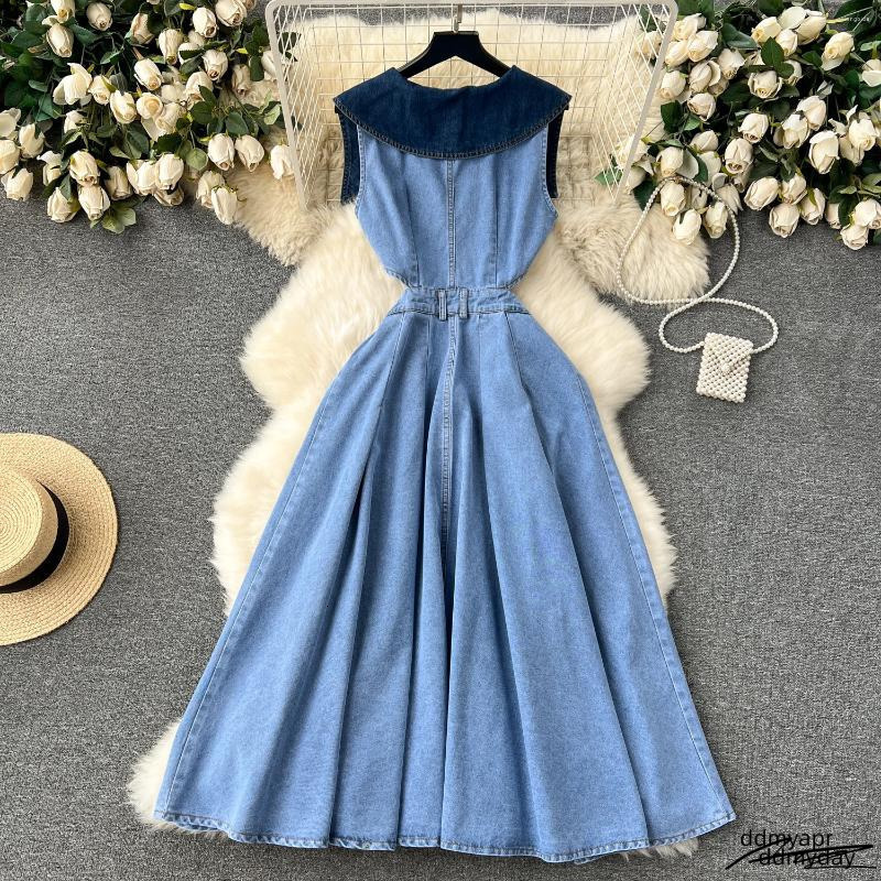 Casual Dresses Ddmyday Designer Denim Dress Women Long Single Breasted Big Turn-Down Collar Waist Slimming Temperament Split A-Line Vestidos Ddmyday