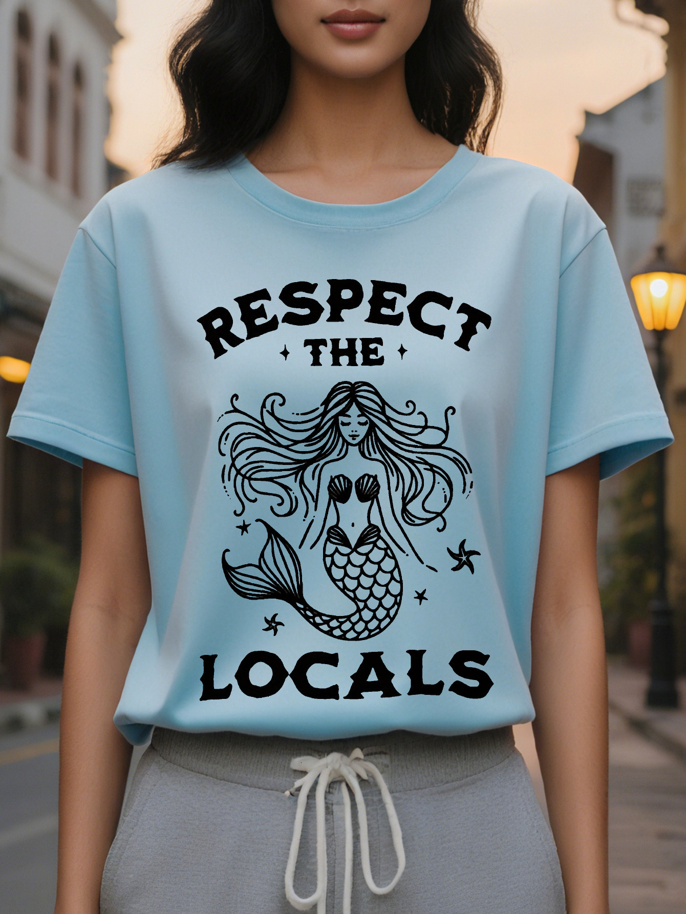 Vacation Beach Mermaid Pattern Front and Back Panel Print Fashion Casual Short Sleeves Summer Fit Crew Neck