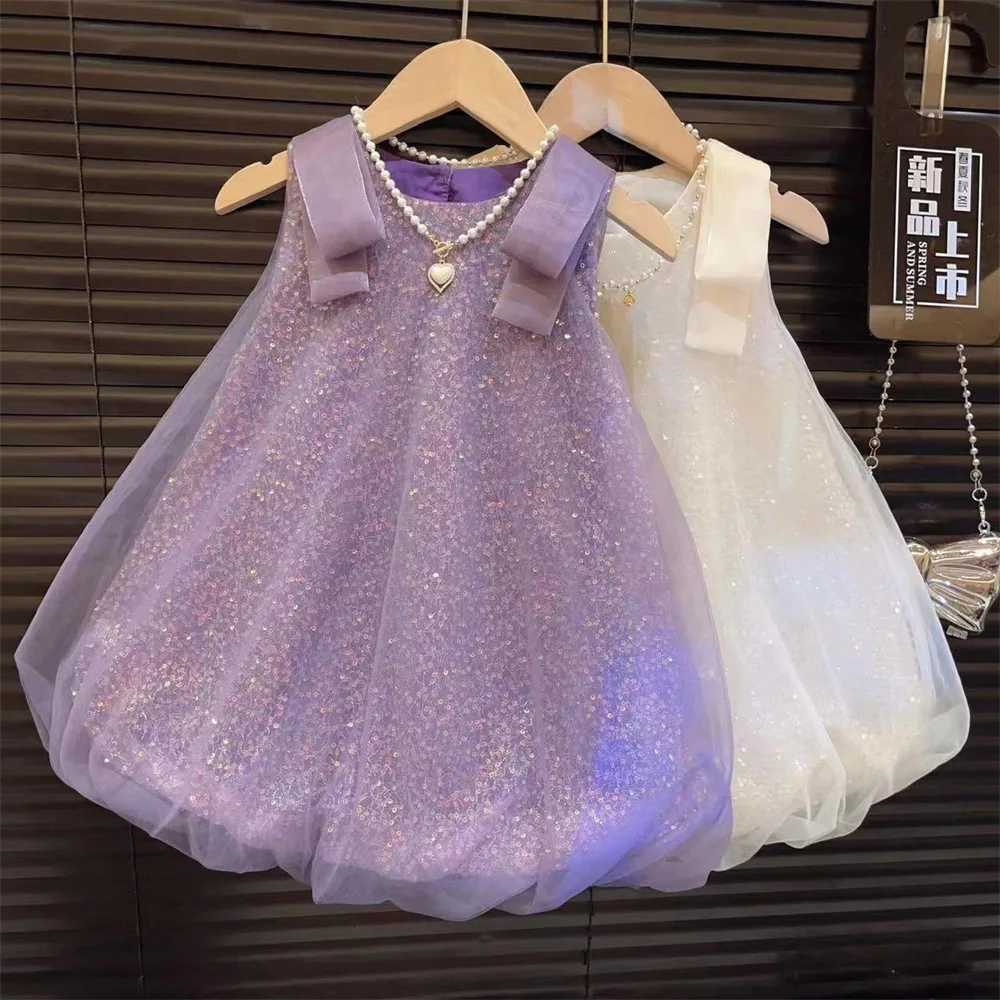 Girls Casual Dresses New Children Clothing Summer New Princess Flower Bud Sequin Mesh Yarn 2024 Sequin Sweet Round Collar Z250904