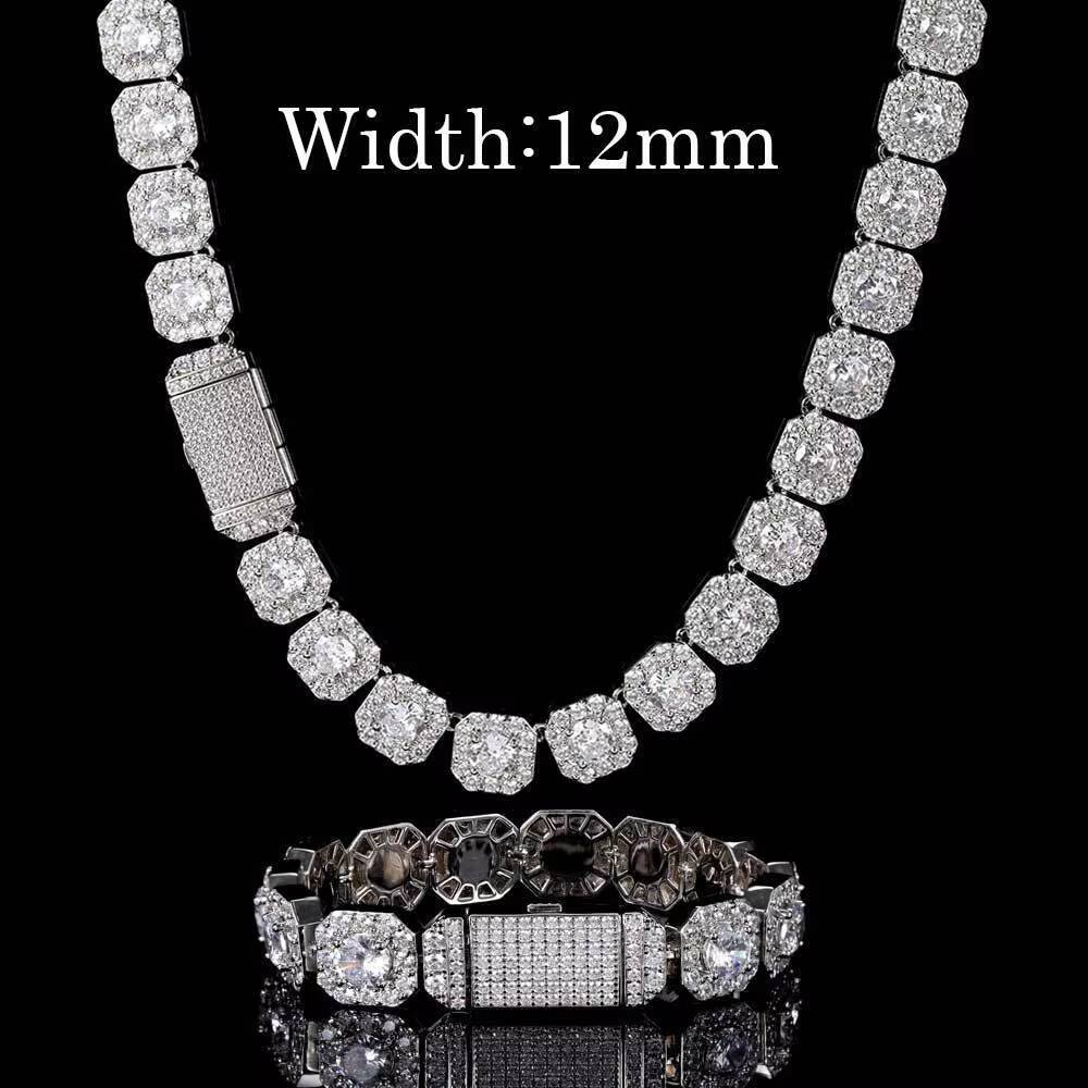 High Quality 10mm 12mm Silver Gold Plated Link Chain Necklace Hip Hop Style Iced Diamond Cluster Tennis Chain Zircon Main Stone