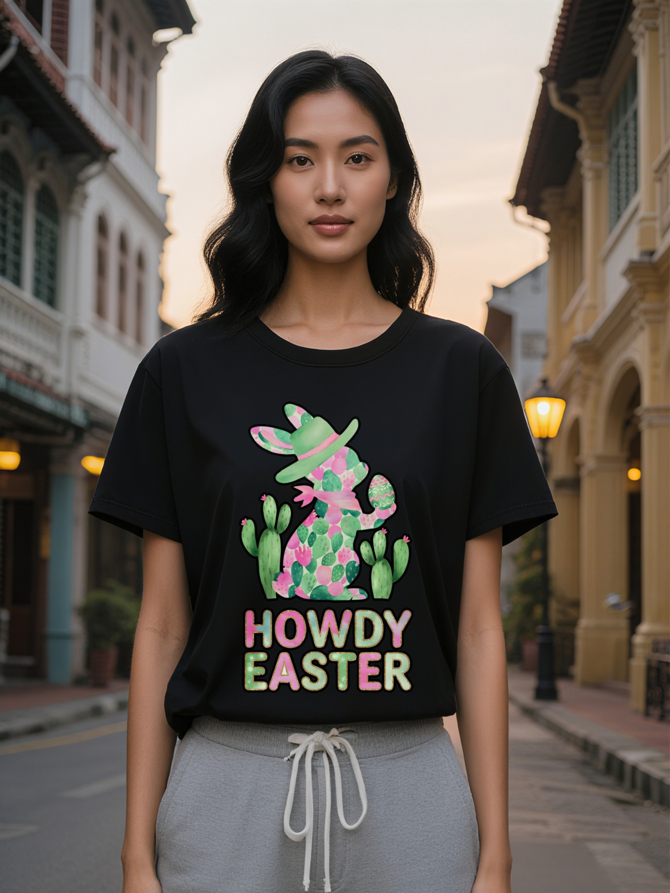 Large XL Women's Casual Crew Neck T-Shirt with Howdy Easter Print Black Short Sleeve Graphic Tee Lightweight Blend Regular Fit Plus Size