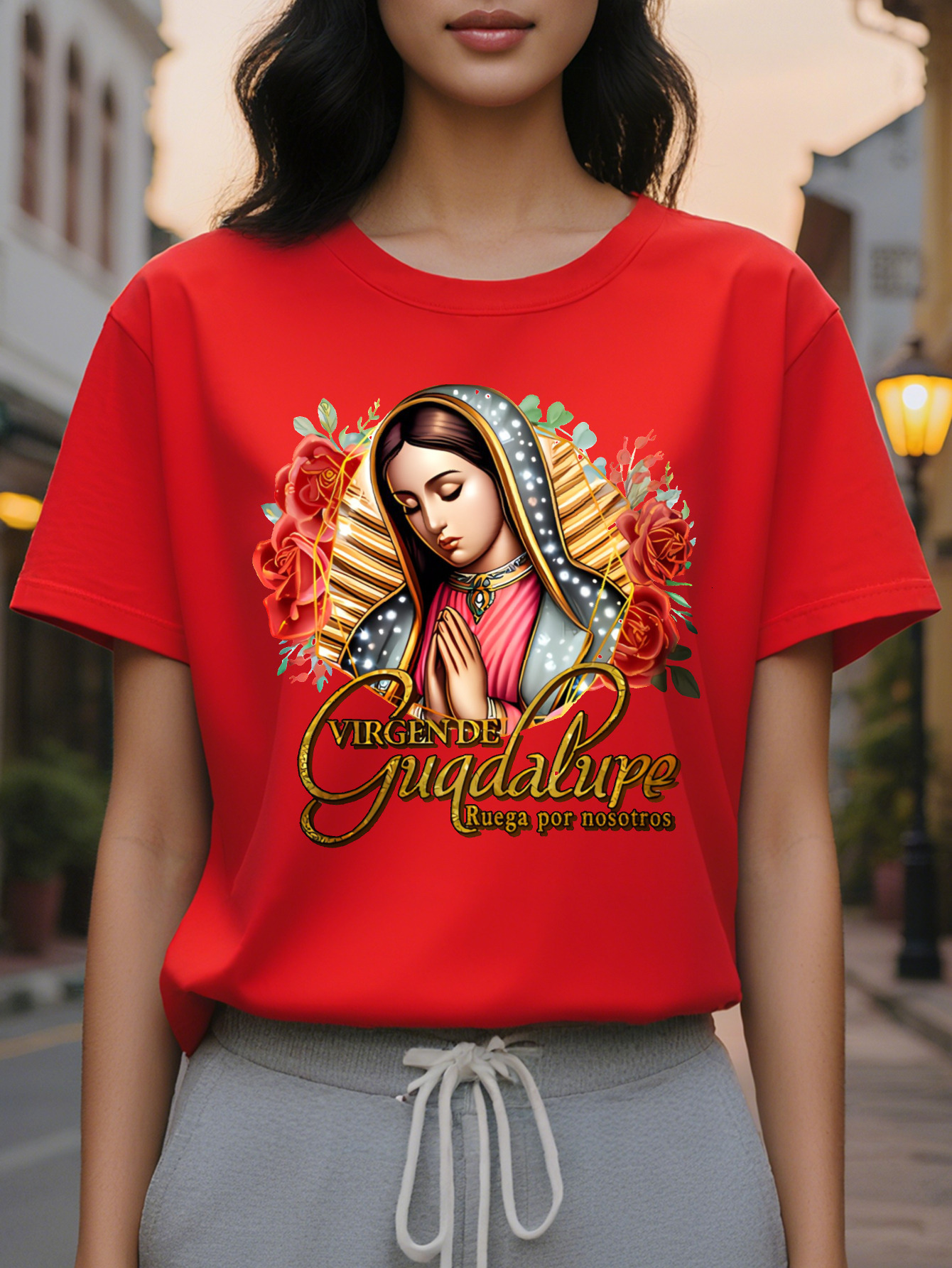 Women S Virgin Religious T-Shirt Soft Pink Faith Based Tee with Our Lady of Guadalupe Prayer Round Neck Casual Everyday