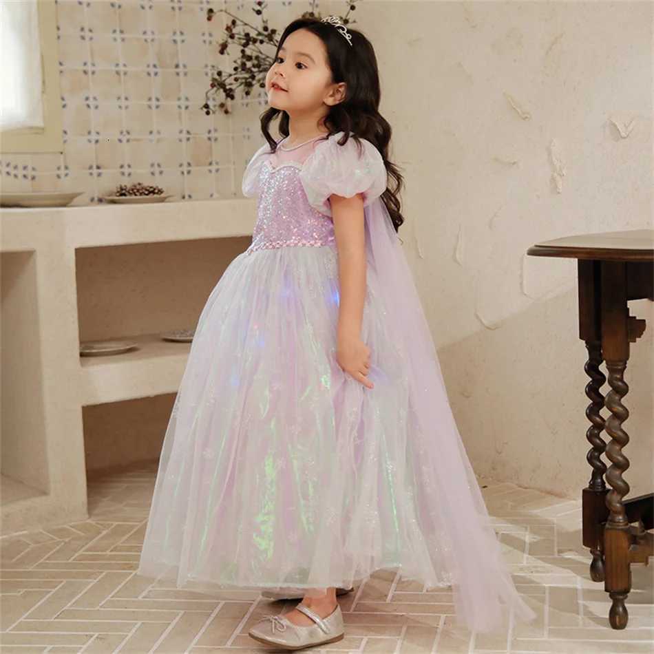Girl Elsa Purple Dress Girls Mesh Puffy Gown CHIldren Cosplay Costume Birthday Gifts Halloween Role Play Set Z250904