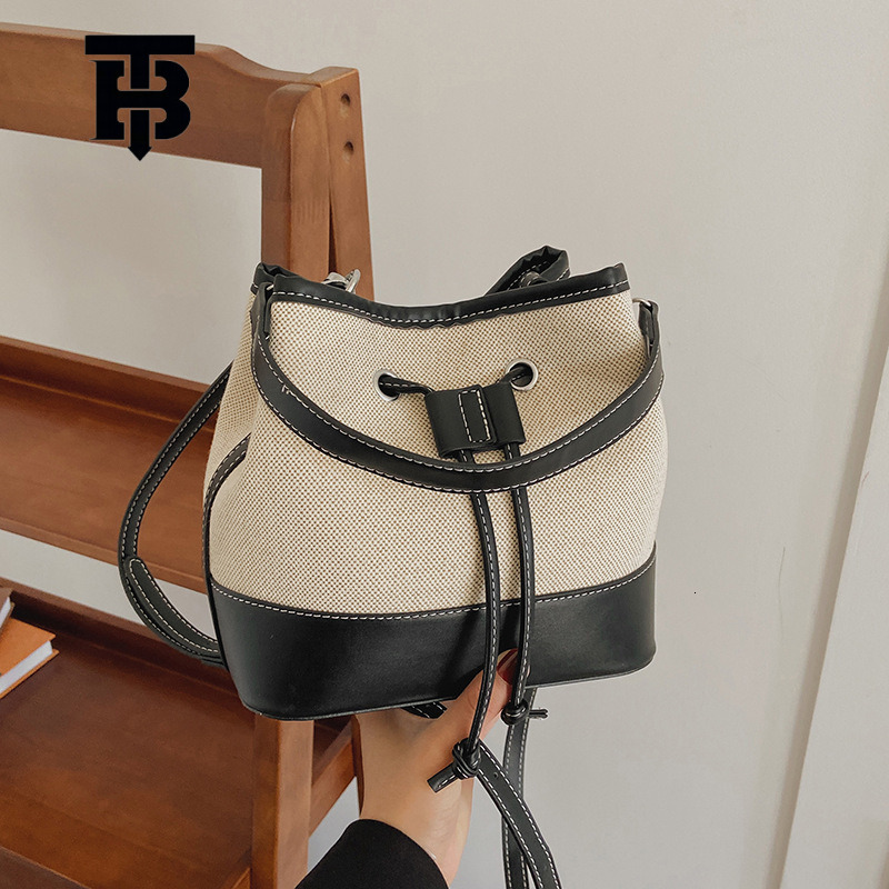 TB BHULAMTE Women's Bag Foreign Trade New Canvas Color-Block Handbag Bucket Bag Street Fashion Textured Drawstring Single Shoulder Designer s bag