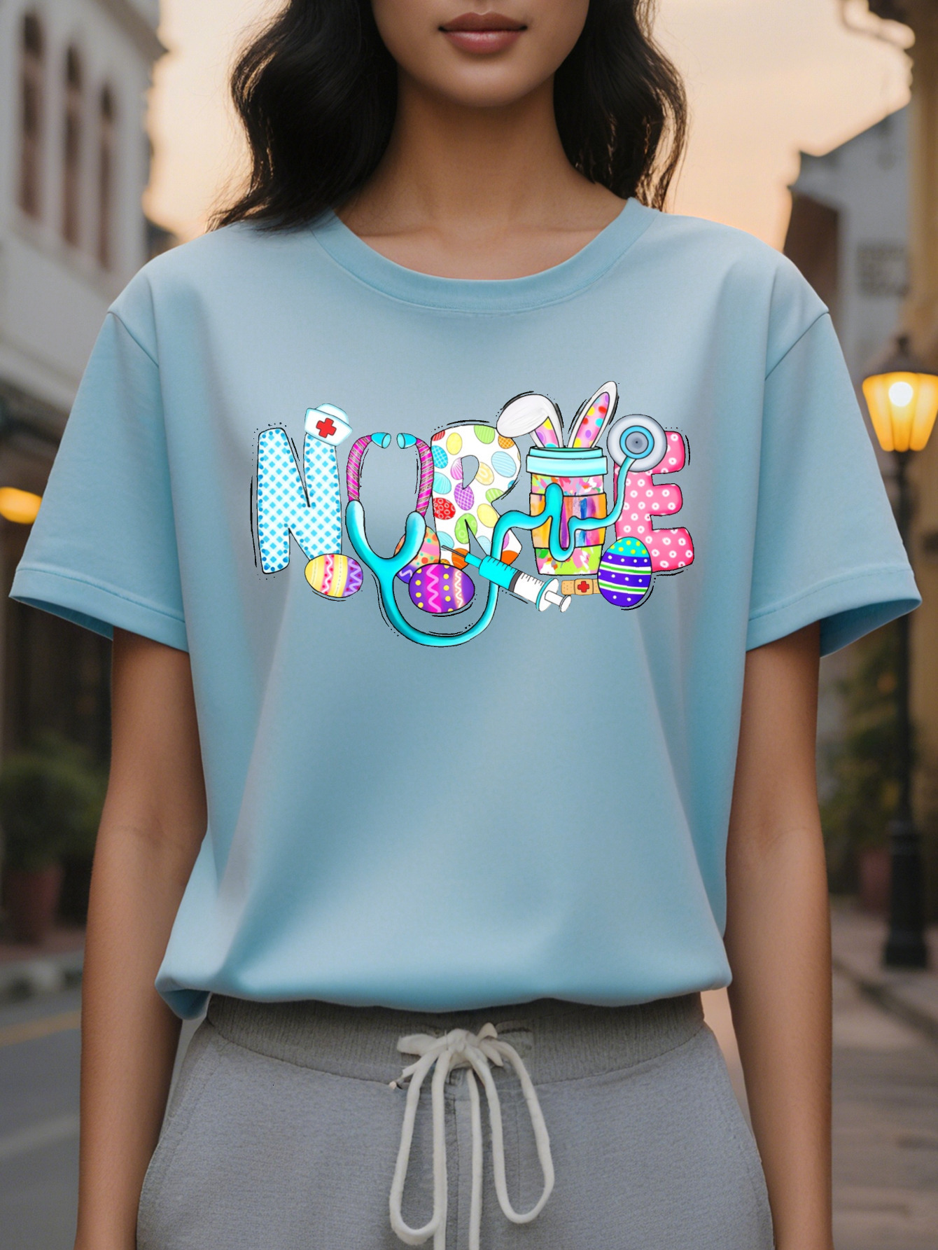Large XL Nurse Cartoon Print T-Shirt Cotton Crew Neck Casual Tee Knit Fabric All Season Comfort Women S Nursing Themed Plus Size