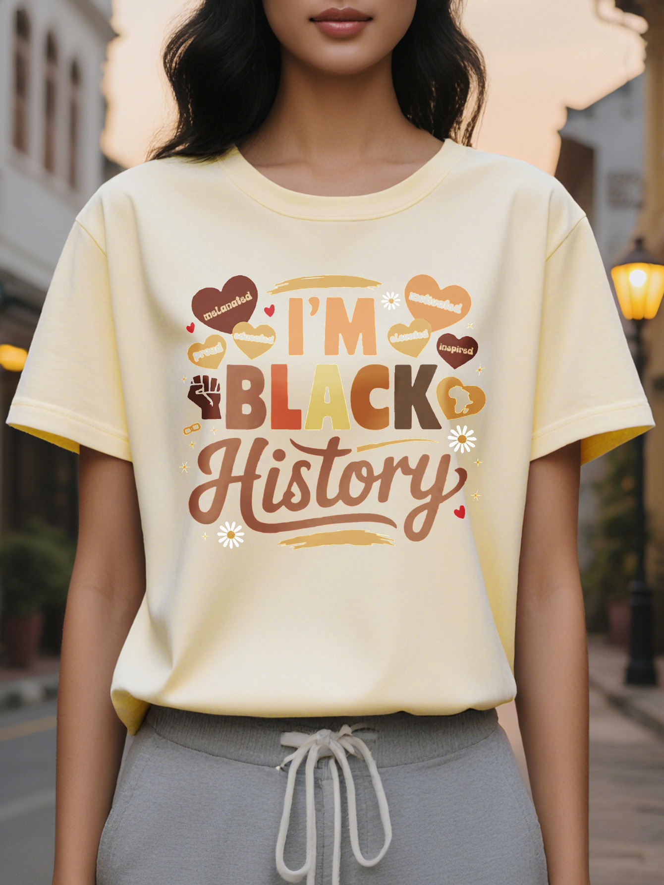 Women's Historic T-Shirt Short Sleeve Crew Neck Casual Top with I'm Black History Design Vibrant Illustrations