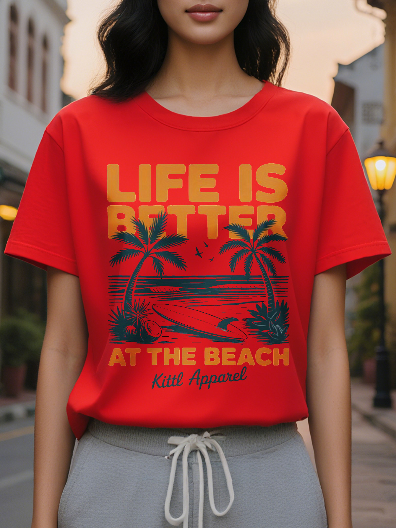 Ladies White T-Shirt Beach Theme Pattern Jacket Printed with Better Life at the Sea Round Neck Soft Summer Casual