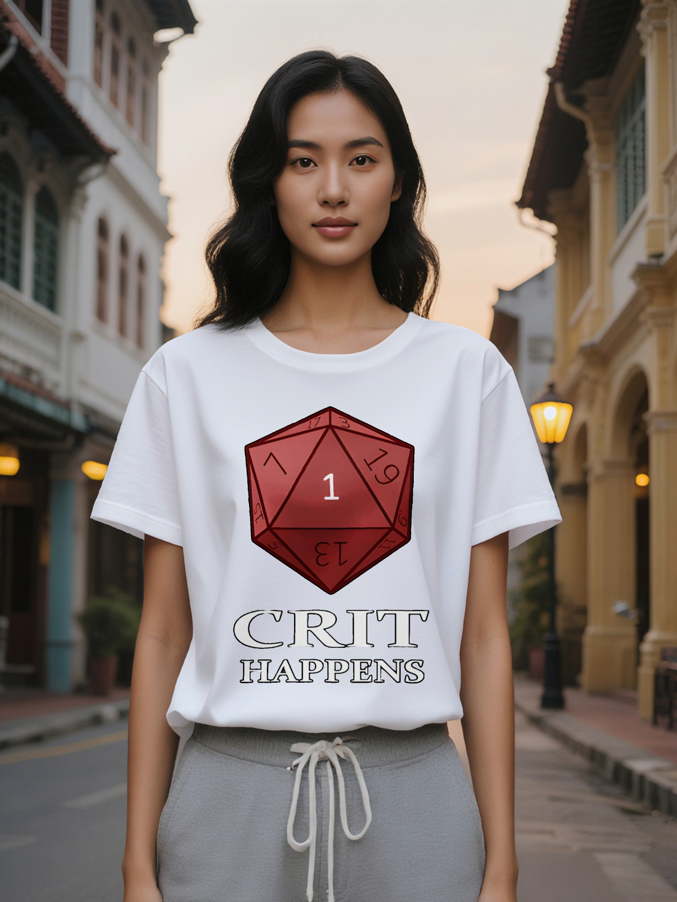 Large XL Lady Crew Neck T-Shirt Sided Die Graphic Crit Happens Design Black with Red Dice Print Perfect for Gamers and Plus Size