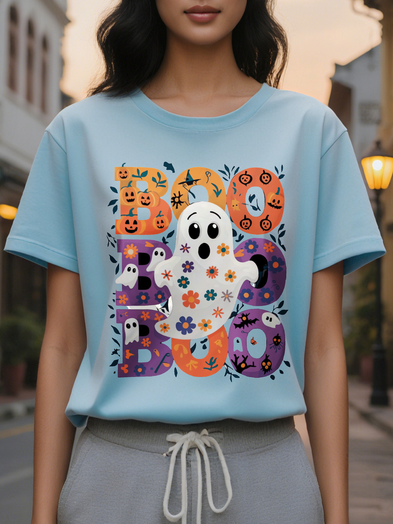 Ladies Cute Boo Pattern T Shirt with Floral Pumpkin Orange Purple Fall Colors Lightweight Round Neck Casual Top