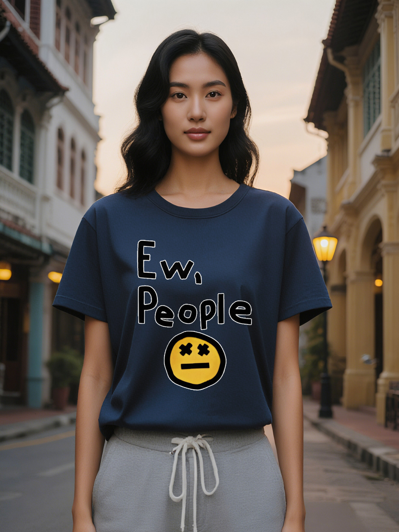Large XL Lady Casual Graphic Print T-Shirt Ew People Text Yellow Joyful Face Design with Lines Black Round Neck Summer Tee Plus Size