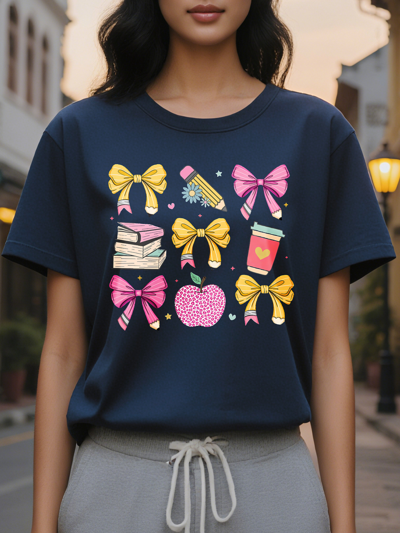 Women's Black Teacher Themed Short Sleeve T-Shirt with Pencil Apple Pattern and Polka Dot Bow Heart Shaped Details