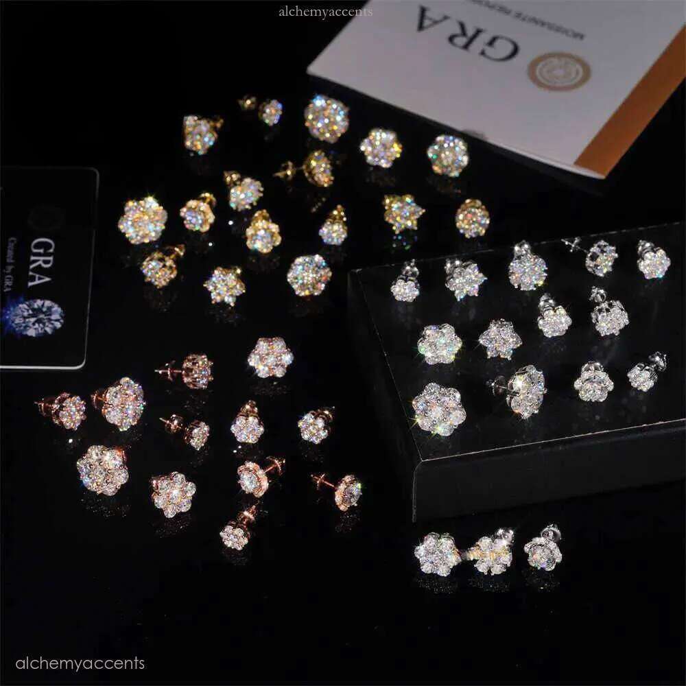 Hot Sale Pass Tester Hip Hop Sier Gold Plated VVS Dia Moissanite Flower Stud Earrings Cluster
